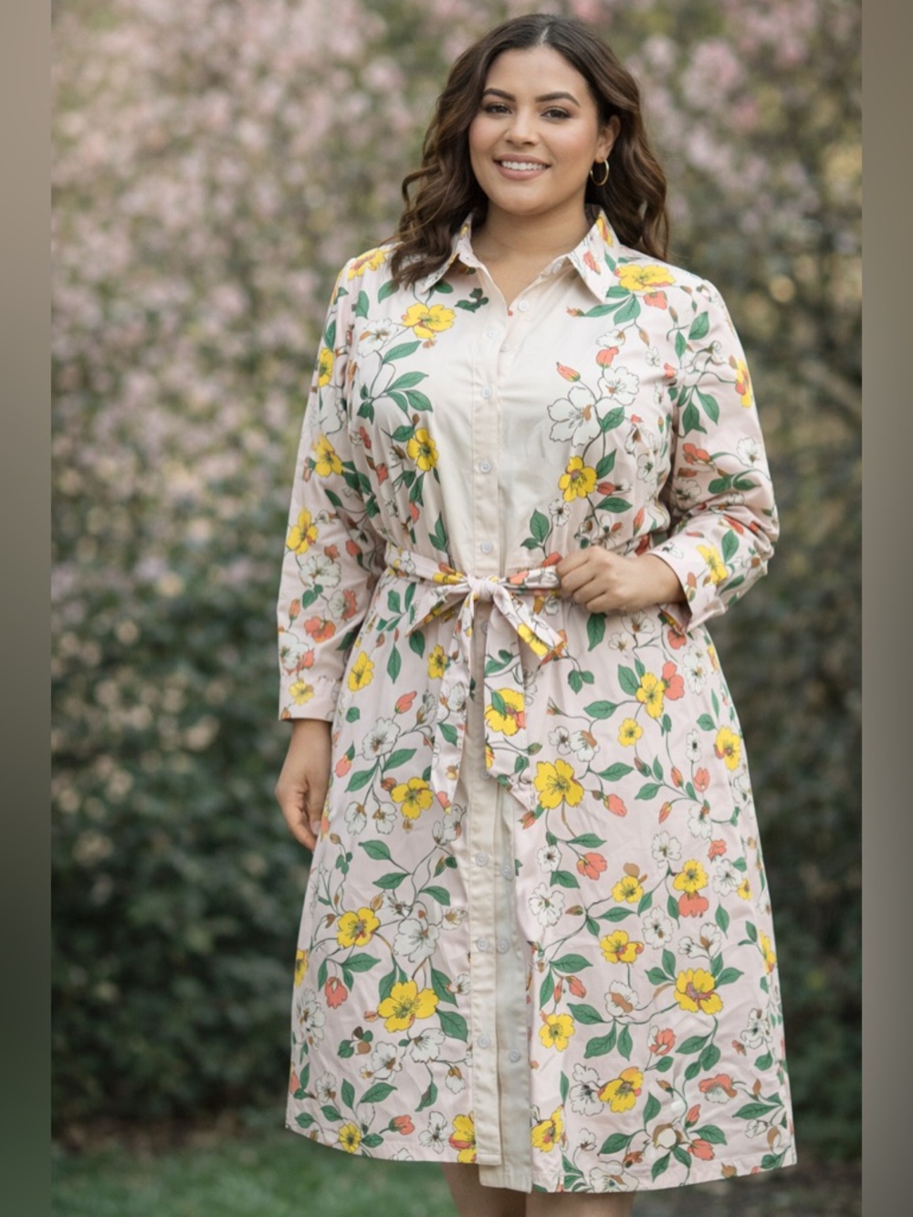 Lane Bryant Floral Shirt Dress Size 14 Belted Cotton Stretch Button Front